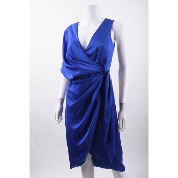 Theia Womens Candace Wrap Satin Cocktail Dress Sz 6 Blue Draped V-Neck NWT - Picture 4 of 6